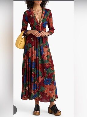 FARM Rio Stitched Flowers V-Neck Long Sleeve Maxi Dress Small, NWT